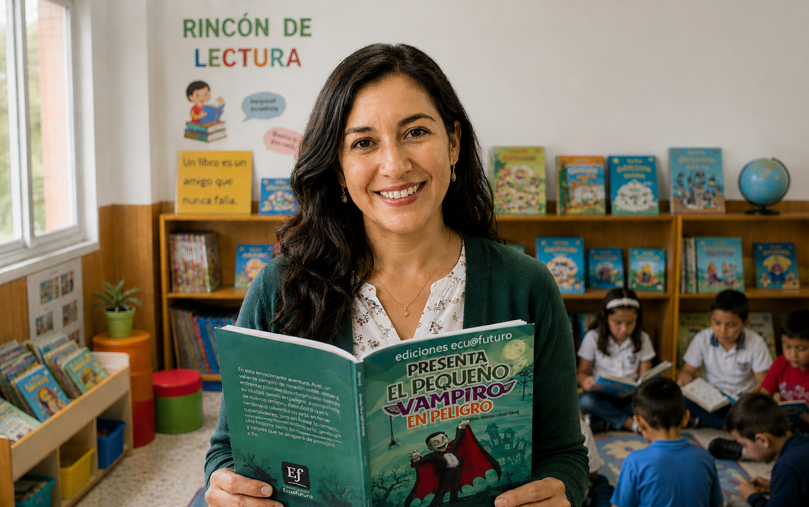 Docente ecuatoriana sosteniendo el libro El Pequeño Vampiro de Ediciones Ecuafuturo en un aula con estudiantes leyendo al fondo